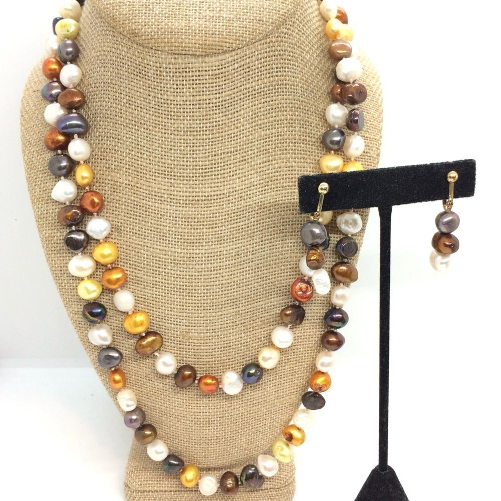 VINTAGE MULTICOLOR PEARL NECKLACE CLIP EARRING SET LONG STRAND 14K GF CLASP